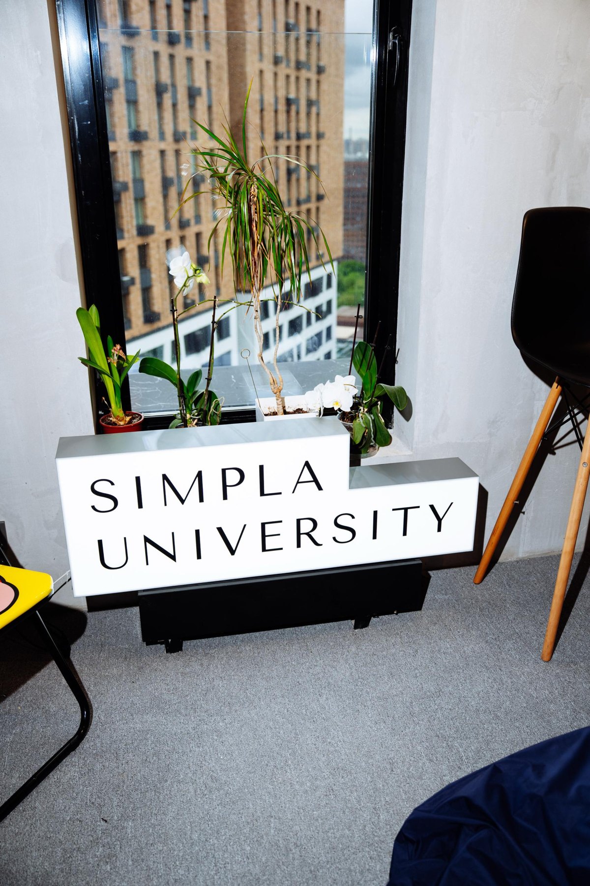 Световая вывеска SIMPLA UNIVERSITY у окна студии